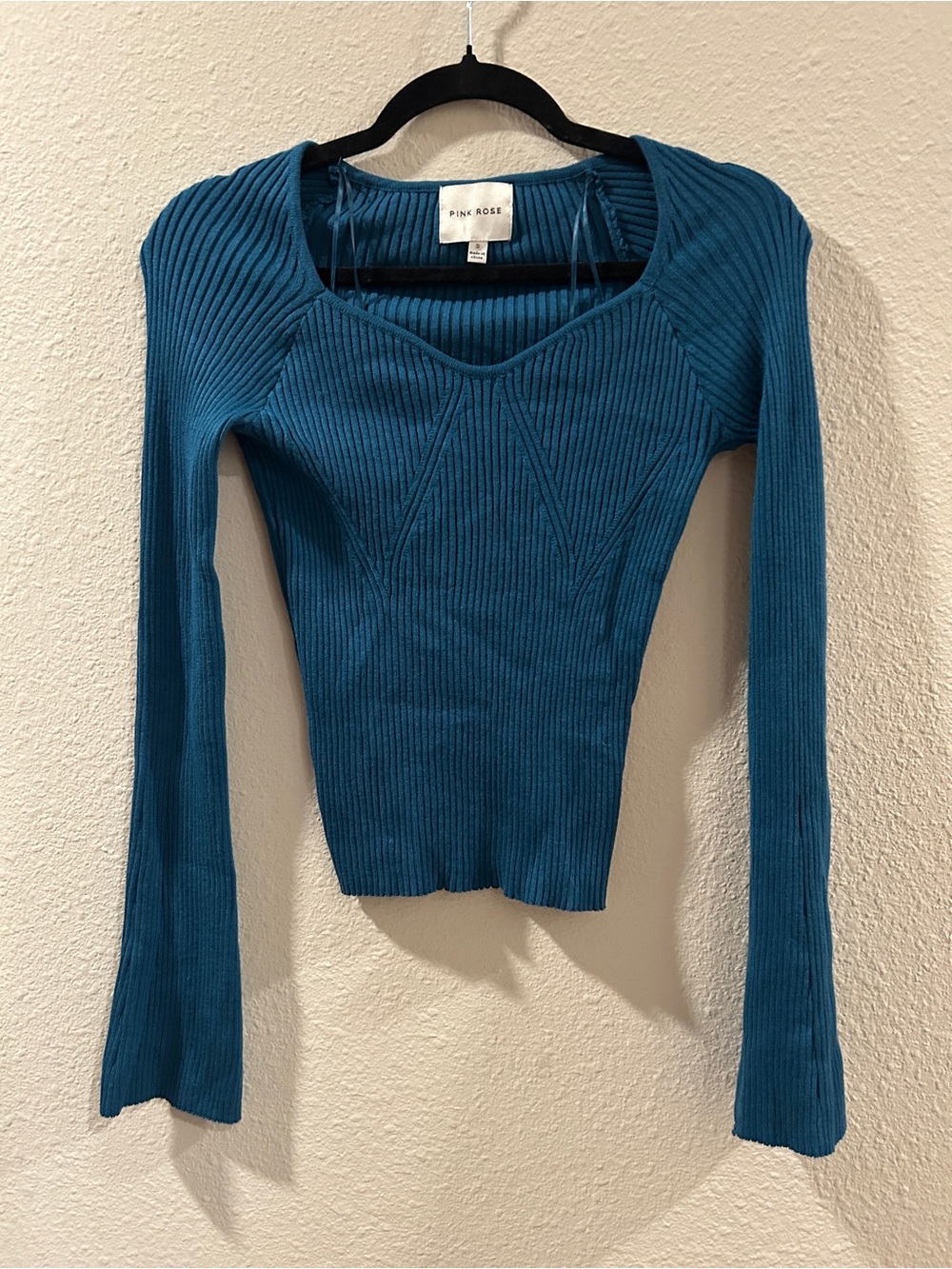 Pink Rose Teal Ribbed Square-Neck Long Sleeve Top